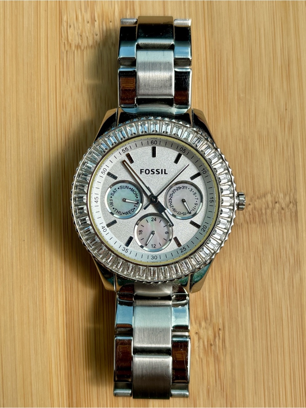 Fossil Silver Tone Multi-Function Stainless Steel Watch Crystal Baguette 38mm - Picture 12 of 15